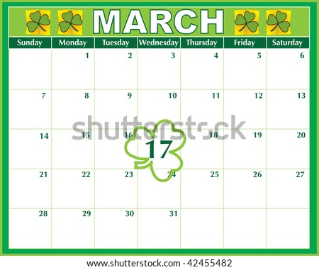 A March calendar showing the St. Patrick's Day marked prominently