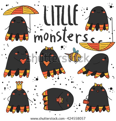 Cute hand drawn doodle monsters, creatures collection, icon, banner, logo