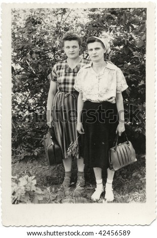 Two women in the garden. 1940-s XX Century, USSR.
