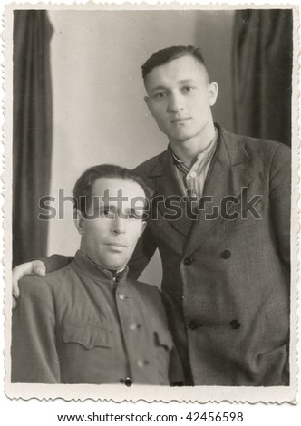 Two men (one in military uniform). USSR 1940s, 20 Century