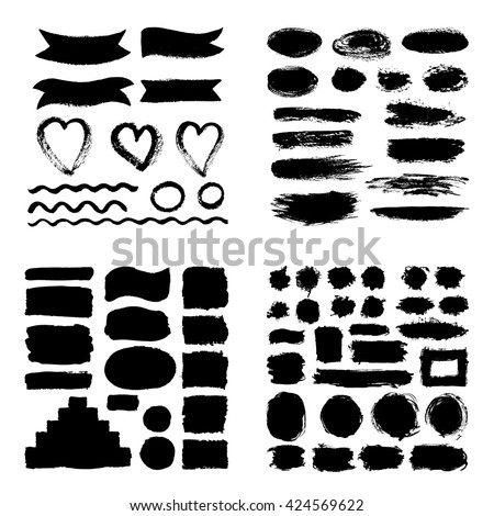 Mega collection of Hand drawn abstract black paint brush strokes, ribbon,box, wave, heart, round, oval, circle, rectangle, border. Vector set of shapes, frames isolated on white background.