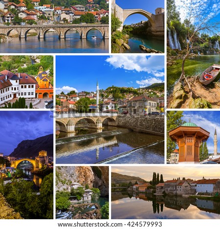 Collage of Bosnia and Herzegovina travel images (my photos) - nature and architecture background