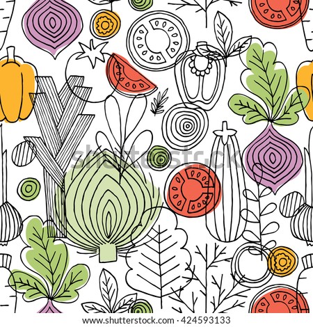Vegetables seamless pattern. Linear graphic. Vegetables background. Scandinavian style. Healthy food pattern. Vector illustration Royalty-Free Stock Photo #424593133