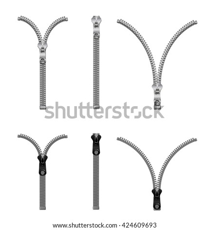 Metal and plastic zippers set. Steel zipper  in closed and opened positions.  Clothes accessory. Many metallic zippers isolated on white background Royalty-Free Stock Photo #424609693