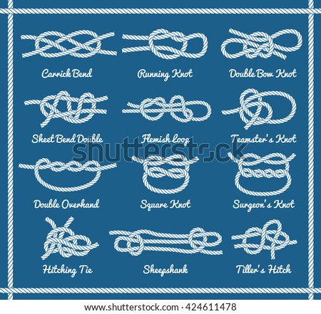 Set of rope knots, hitches, bows, bends. Decorative vector design. Part 2 of 3