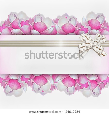 square white background with pink magnolia flowers and white bow