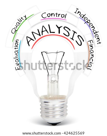 Photo of light bulb with ANALYSIS conceptual words isolated on white