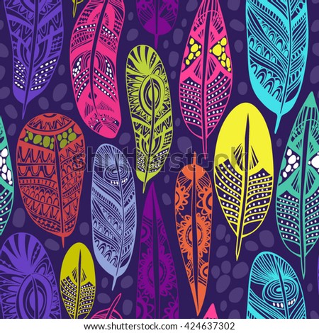 Vector seamless pattern of ornamental boho feathers