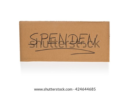 Cardboard sign for donations over white background with reflection