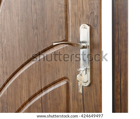 Open door handle. Door lock with keys. Brown wooden door closeup isolated. Modern interior design, door handle. New house concept. Real estate.