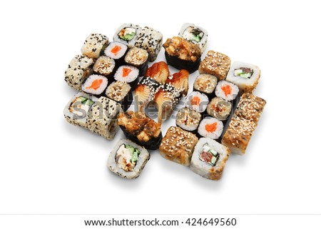 Japanese food restaurant, sushi maki unagi gunkan roll plate or platter set. California Sushi rolls with eel and salmon. Sushi isolated at white background. 