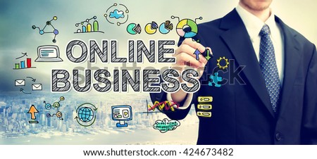 Businessman drawing Online Business concept above the city
