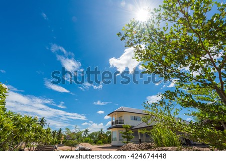 New lone house and tree against blue sky 