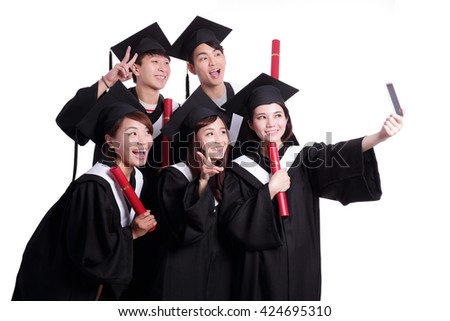 Selfie - group of happy graduates student taking pictures by themselves isolated on white background, asian