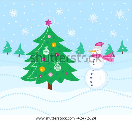 christmas card with tree and snowman