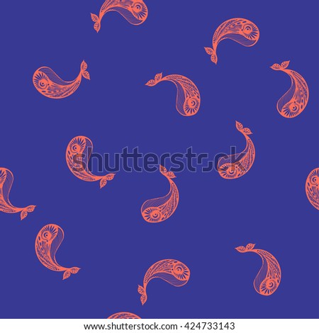 Pattern with young whales on sea background. Background with whales