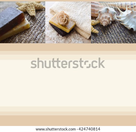 Beautiful blank with handmade soap, towel and seashells. Spa background. Spa concept. Wellness and relaxing concepts or massage advertising. Can use as a card, advertising, poster, banner, flyer.