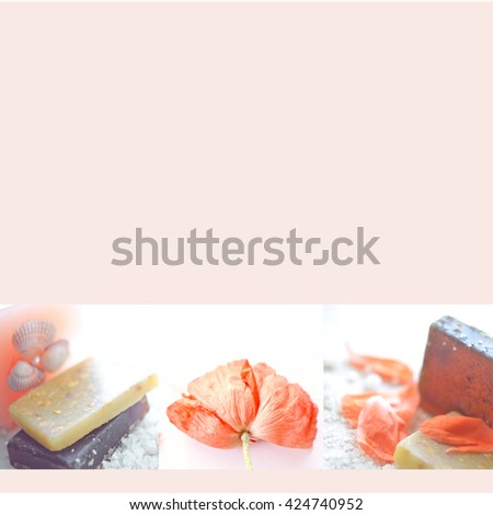 Beautiful blank with handmade soap, poppy flower and sea salt. Spa background. Spa concept. Wellness and relaxing concepts or massage advertising. Can use as a card, advertising, poster, banner, flyer