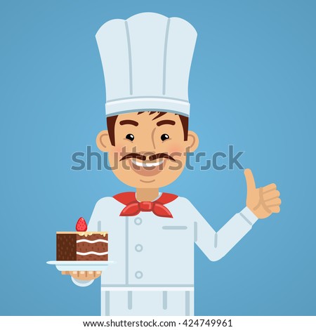 Illustration of a cheerful cook with a cake on a plate. Smiling cook showing thumb up gesture. Baker, confectioner isolated on abstract background. Flat style vector illustration