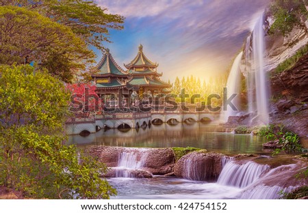 Colorful landscape waterfall background