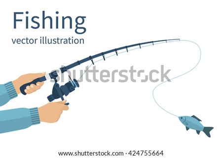 Fishing concept, banner, poster. Vector illustrations flat design. Fisherman holding in hands fishing rod with reel, spinning rods with a catch.