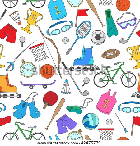 Seamless pattern on the theme of summer sports, simple colorful icons on a light background
