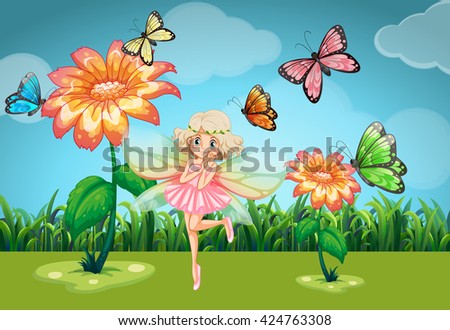 Fairy and butterflies in the garden illustration