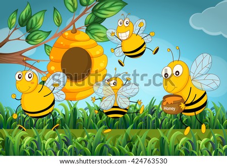 Four bees flying around the beehive illustration