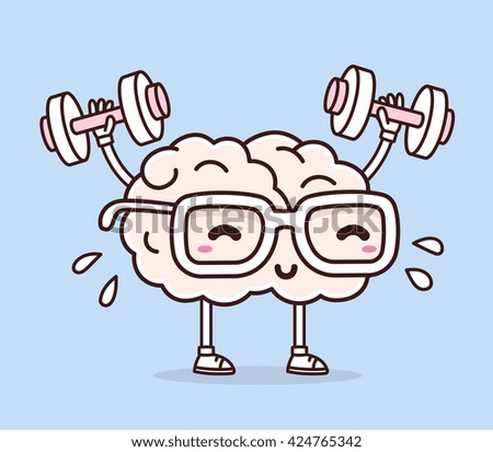 Vector illustration of pastel color smile pink brain with glasses lifts with dumbbells on blue background. Fitness cartoon brain concept. Doodle style. Thin line art flat design of brain for sport