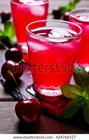 Transparent red drink made from cherries on a wooden background. Selective focus.