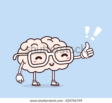 Vector illustration of smile pink brain with glasses and thumb up on blue background. Creative cartoon brain concept. Doodle style. Thin line art flat design of character brain for education, idea