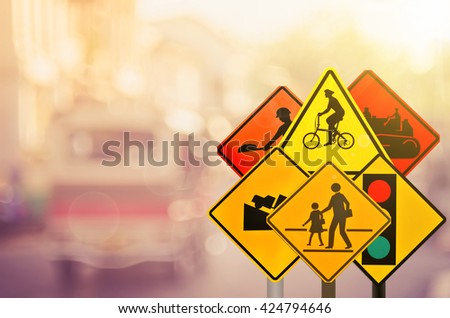 Set of traffic sign on blur road traffic background. Retro color style.