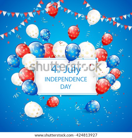USA Independence day theme 4th of july with card, flying colorful balloons, pennants, tinsel and confetti, illustration.