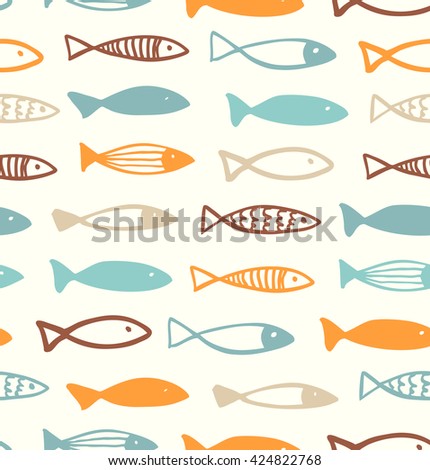Decorative cute drawing pattern with funny fish. Seamless marine background. Vector fabric texture