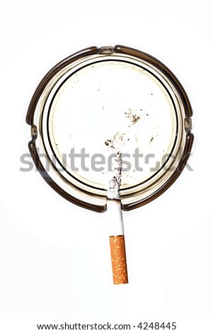 Picture of half burned cigarette in ash tray.
