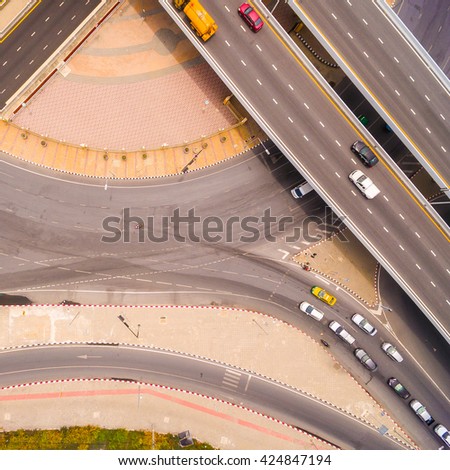 Aerial view of highway interchange of a city,  Top view over the road and highway 