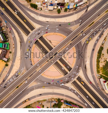 Aerial view of highway interchange of a city,  Top view over the road and highway 