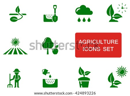 set of green agriculture icon with red accent