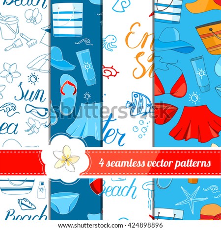 Collection of seamless patterns with summer holiday symbols. White, blue and red color. Endless texture for your design, announcements, greeting cards, posters, advertisement.