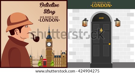 Sherlock Holmes. Detective illustration. Illustration with Sherlock Holmes. Baker street 221B. London. Big Ban Royalty-Free Stock Photo #424904275