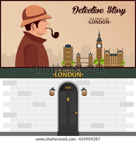 Sherlock Holmes. Detective illustration. Illustration with Sherlock Holmes. Baker street 221B. London. Big Ban Royalty-Free Stock Photo #424904287