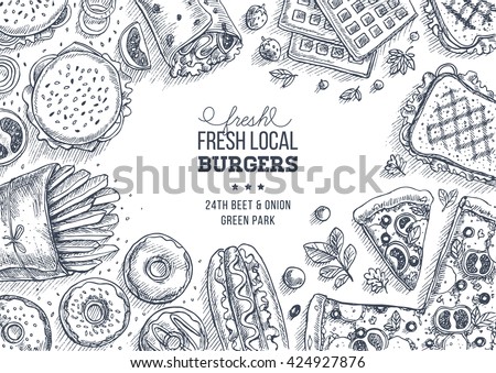 Fast food background. Linear graphic. Snack collection. Junk food. Engraved top view illustration. Vector illustration
