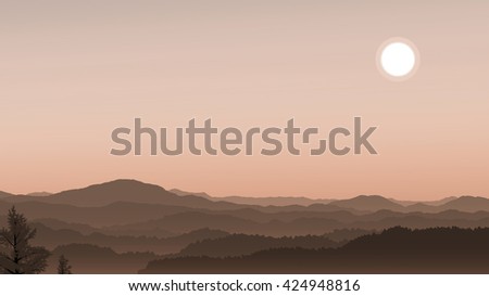Illustration sunlight over the misty coniferous forest on the hills