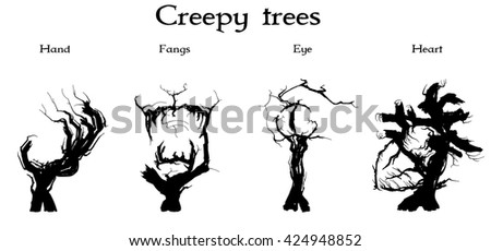 Set of four silhouettes of creepy trees