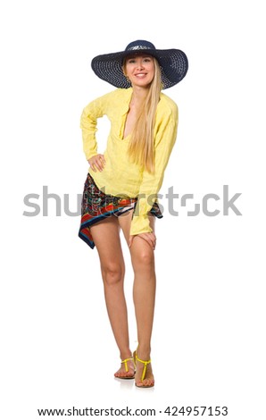 Tall caucasian model wearing hat isolated on white