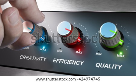 Hand turning knobs where it is written the words creativity, quality and efficiency. Concept for communication on company values. Composite image between an photography and a 3D background.