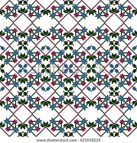 Simple leaves, butterfly, flower. Pixel mosaic. For design, textiles, presentations. Red, green, blue color