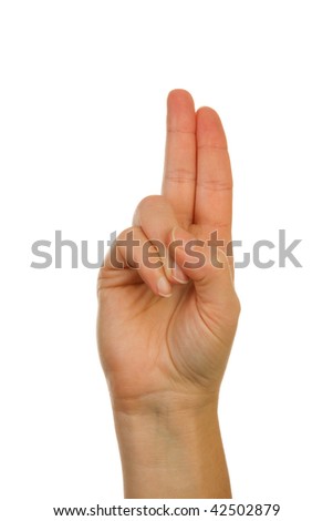 Finger spelling (hand alphabets) : Hand is spelling letter U over white background