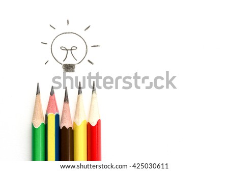 many pencil drawing light bulb on white, idea and teamwork concept.