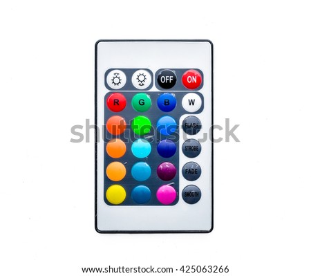 Infrared remote control keyboard for home LED lighting. Isolated on white background. Studio photography.